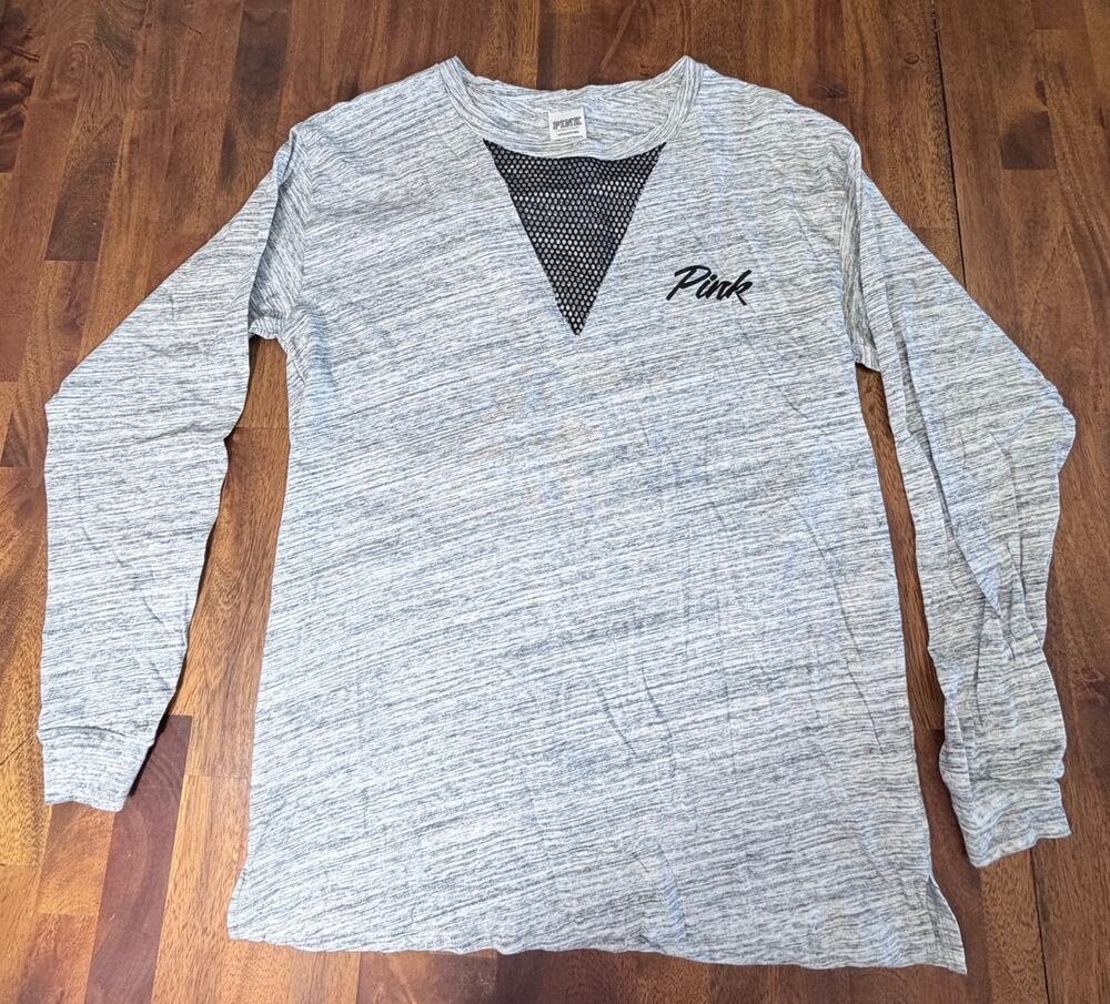 Victoria's Secret PINK Womens Small Gray Marled Long Sleeve Mesh Inset Shirt